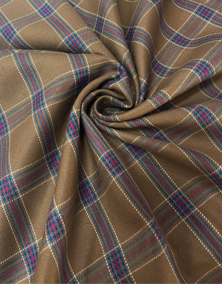 Men's Brown, Navy Blue and Red Glen Check Overcoat with Velvet Collar
