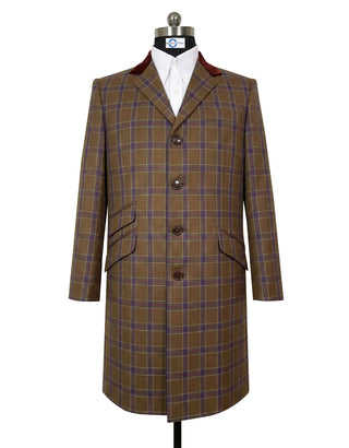 Men's Brown, Navy Blue and Red Glen Check Overcoat with Velvet Collar
