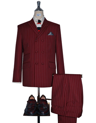 Double Breasted Suit - Burgundy and White Striped Suit