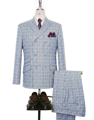 Men’s Light Blue and Yellow Prince of Wales Check Double Breasted Suit