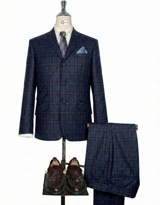 Navy Blue and Burgundy Windowpane Check Suit – Classic Tailored Style