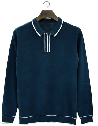 This Shirt Only - Peacock Blue Stripe Knitwear Tipped Collar Knitted Polo Shirt Size S