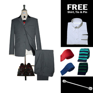 Medium Grey Black Velvet 3 Piece Suit Packet