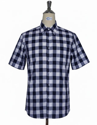 Navy Blue Gingham Check Short Sleeve Shirt