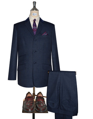 Classic Tailored Navy Blue Glen Plaid Check Suit for Men