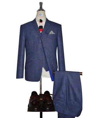 Linen Suit - Navy Blue Prince of Wales Check 3 Piece Suit