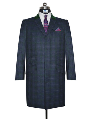 Men’s Long Winter Coat – Navy and Green Prince of Wales Check
