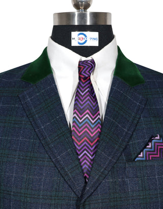 Men’s Long Winter Coat – Navy and Green Prince of Wales Check