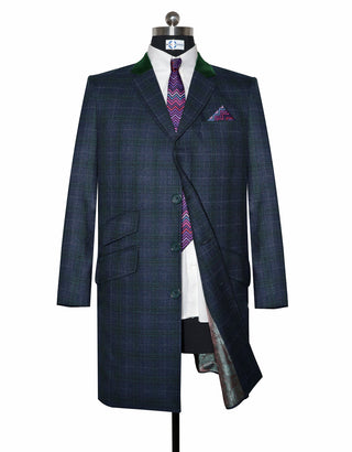 Men’s Long Winter Coat – Navy and Green Prince of Wales Check