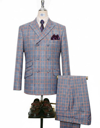 Navy Blue and Orange POW Check Double  Breasted Suit 