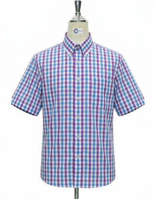 Vintage 60s Mod Purple and Sky Blue Gingham Short Sleeve Shirt