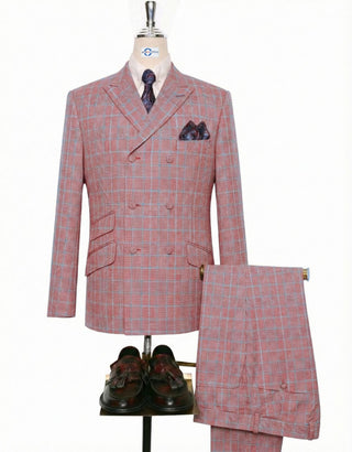 Men’s Red and Light Blue Prince of Wales Check Double Breasted Suit