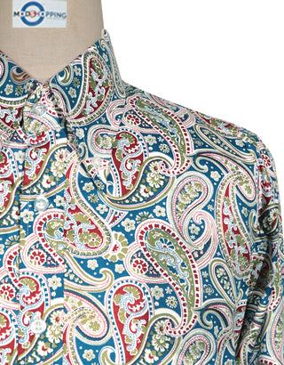 60s Style Blue Khaki and Red Paisley Shirt