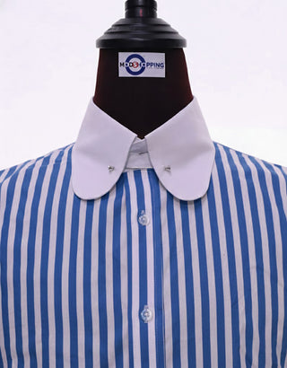 Royal Blue & White Striped Penny Pin Collar Shirt