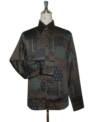 60s Style Brown, Olive Green and Navy Blue Paisley  Shirt