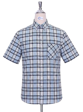 Sky Blue Prince of Wales Check Short Sleeve Button-Down Shirt