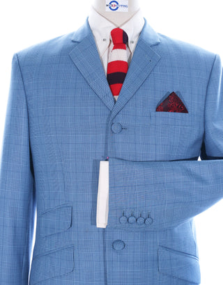 Sky Blue Prince of Wales Check 3 Piece Suit
