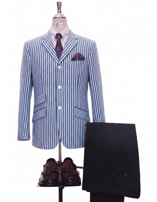 Men's Seersucker Navy Blue & White Summer Blazer