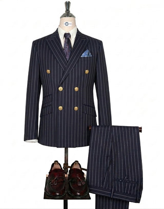 Double Breasted  Suit - Deep Navy Blue Stripe Suit men 3 Lions Button