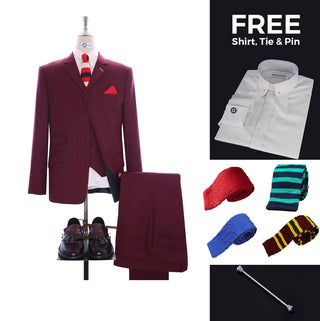 Suit Deals| Buy 1 Burgundy Prince Of Wales Check Suit Get Free 3 Products