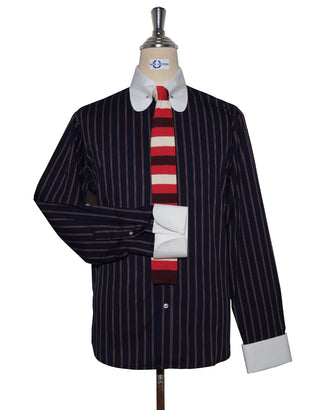 Penny Pin Collar Shirt - Dark Navy Blue, White and Burgundy Stripe Shirt